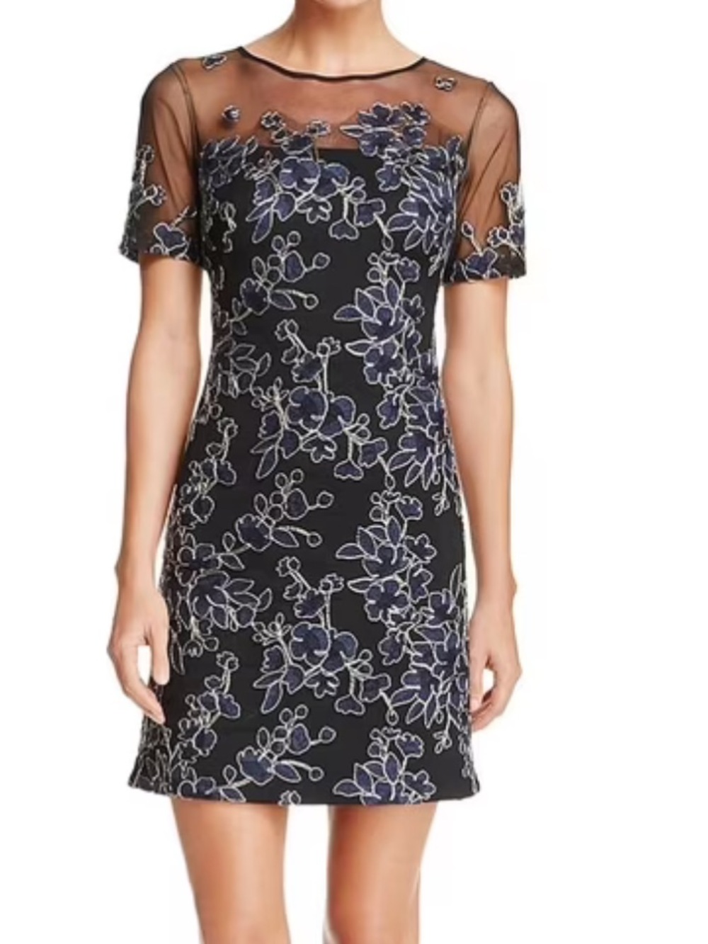 Tadashi Shoji Floral Embroidered Mesh Cocktail Dress Black Size 2
